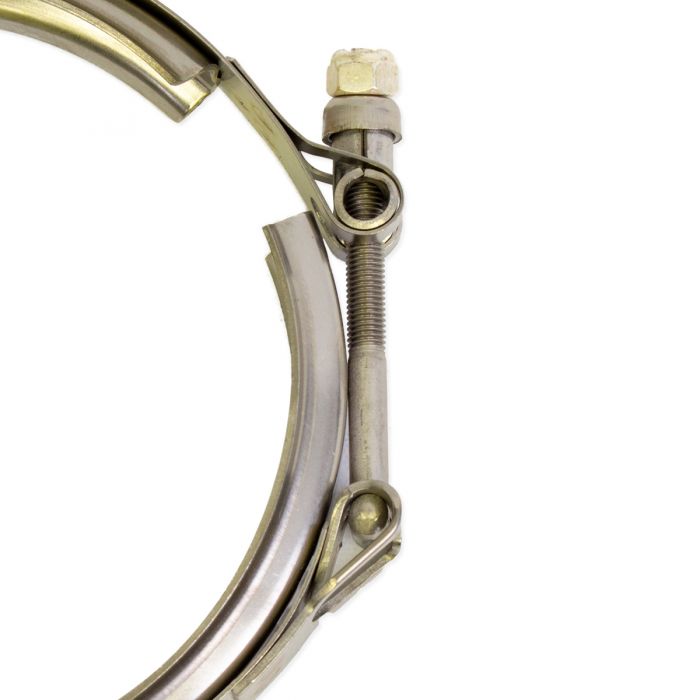 Close-up of a CLAMP V-BAND CAT EXHAUST clamp with metal components and a bolt for secure fitting.