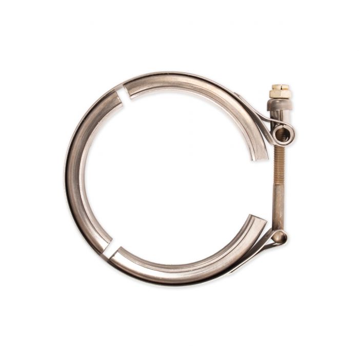Stainless steel V-band clamp for 6.2L Ford engines, used to secure exhaust components with a tight, reliable fit.
