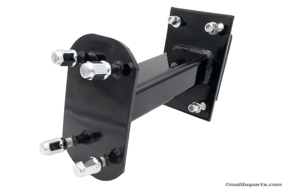 AXIS bolt-on spare tire carrier assembly for tandem and tri-axle trucks, featuring a black metal frame with multiple mounting bolts.