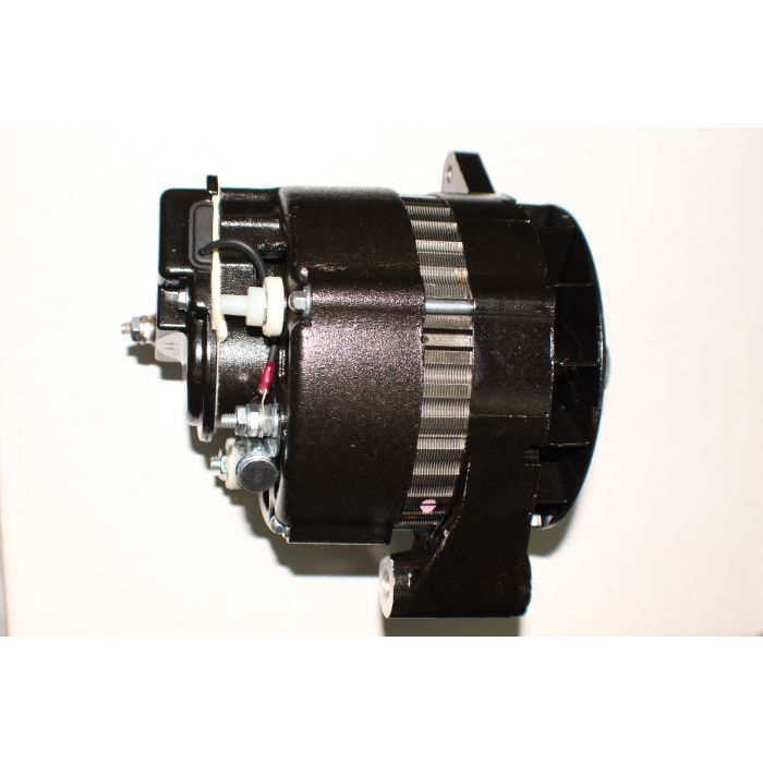 55 Amp V-belt alternator for Indmar engines, compact black design with mounting brackets and electrical connections.