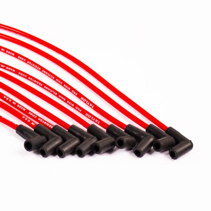 Spark plug wires for Indmar Malibu Monsoon 5.7 engine, with red insulation and black connectors, designed for marine engine ignition.