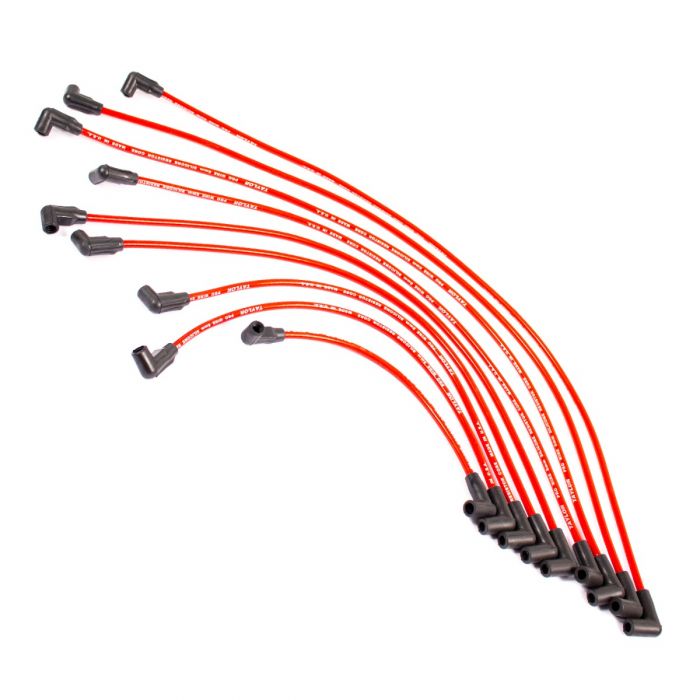 Spark plug wires for Indmar Malibu Monsoon 5.7 engine, red ignition cables with black boots, designed for marine engine use.