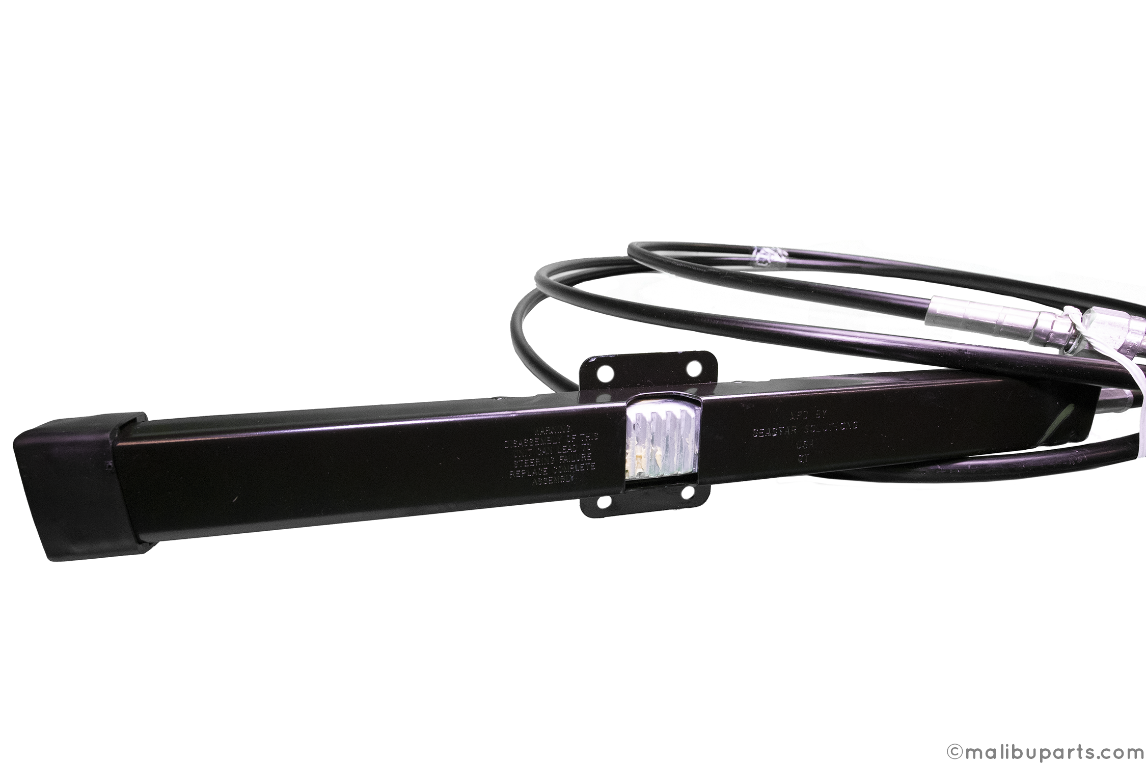 21-foot steering cable with black outer sheath and metal fittings for boat steering systems.