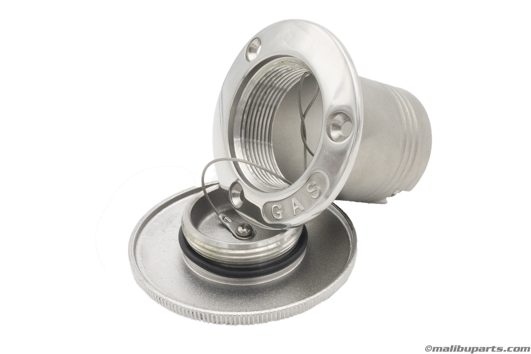 Metal fuel fill cap with gasket and tether, designed for straight fuel fill applications.