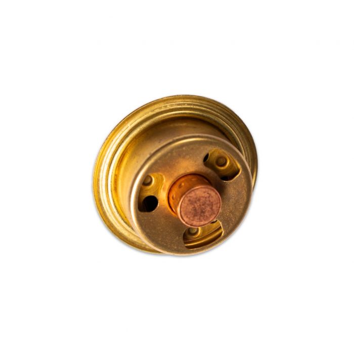 Brass thermostat with a 160-degree temperature setting, featuring a round dial and mounting holes for installation.