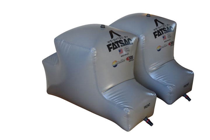 Set of two Malibu PNP 650 lbs Rear FatSacs inflatable bags for boat leveling, with black valves and printed branding.
