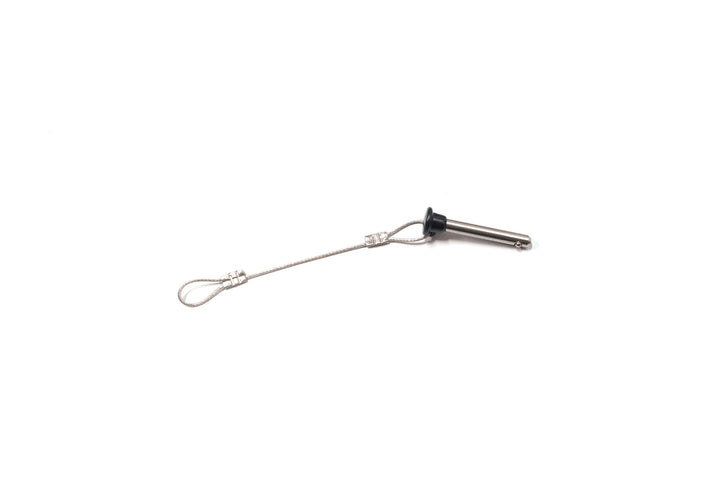 Pull pin-bimini support pole with a metal pin, black rubber gasket, and attached lanyard for boat bimini support.