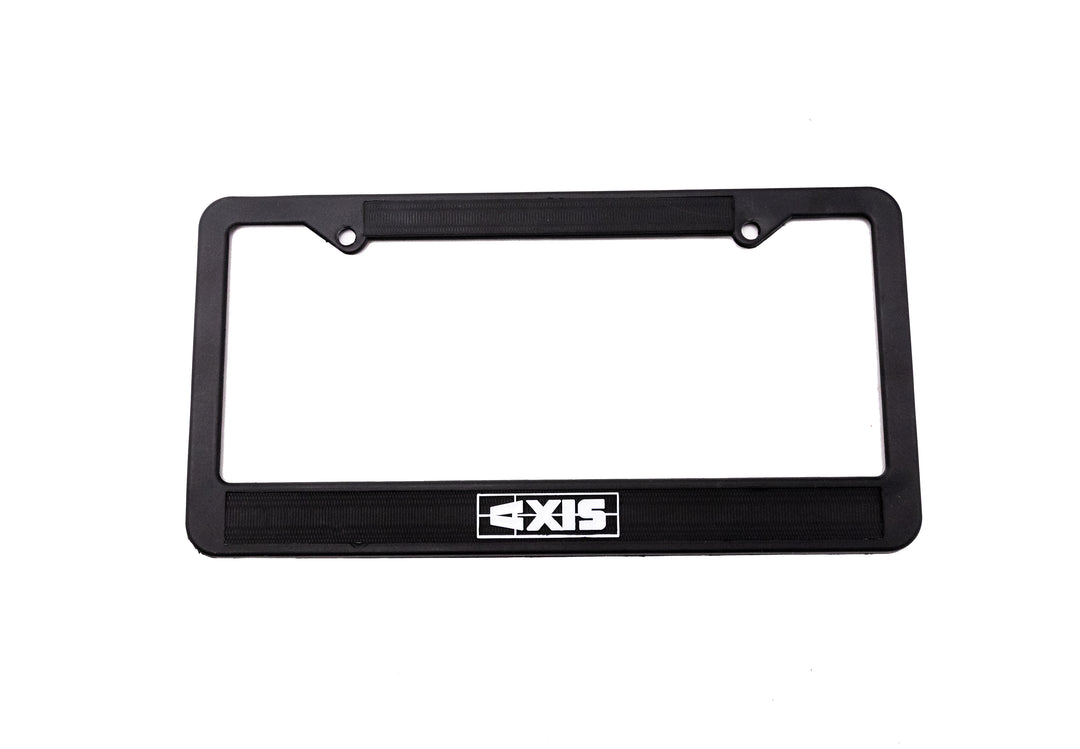 Black Malibu/Axis license plate frame with white logo at the bottom center, designed to hold and display a vehicle license plate.