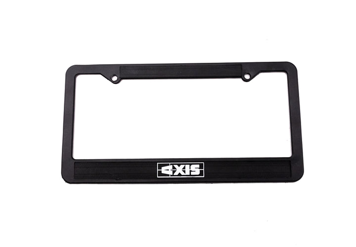 Black Malibu/Axis license plate frame with white logo at the bottom center, designed to hold and display a vehicle license plate.