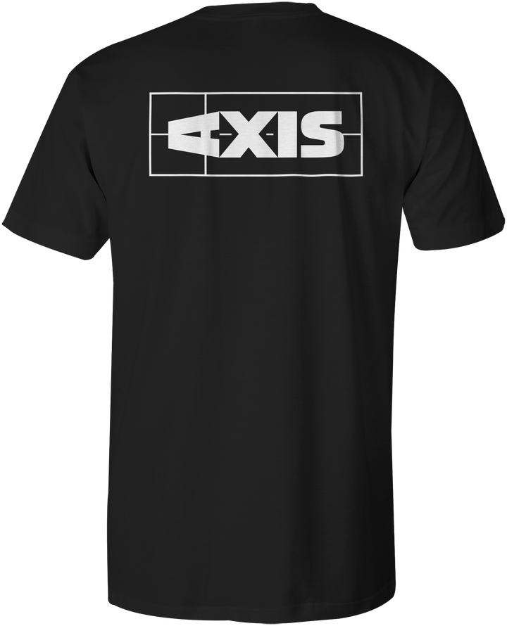Black Axis Logo T-shirt with a large white rectangular logo featuring the word "AXIS" on the back.