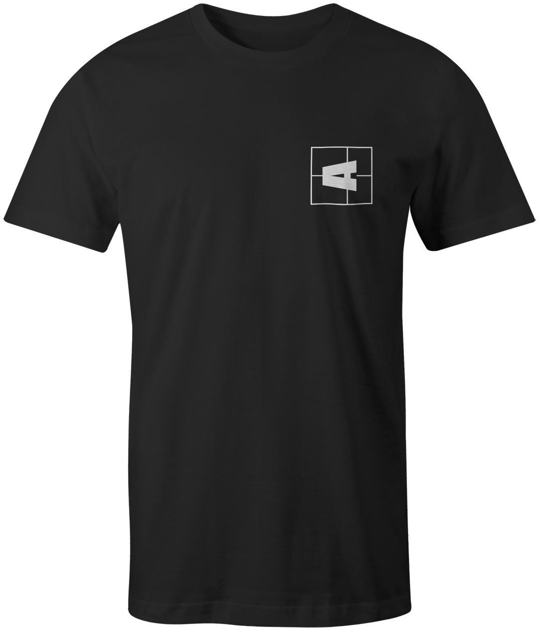 Black T-shirt with a white "A" logo inside a square on the front left chest area.