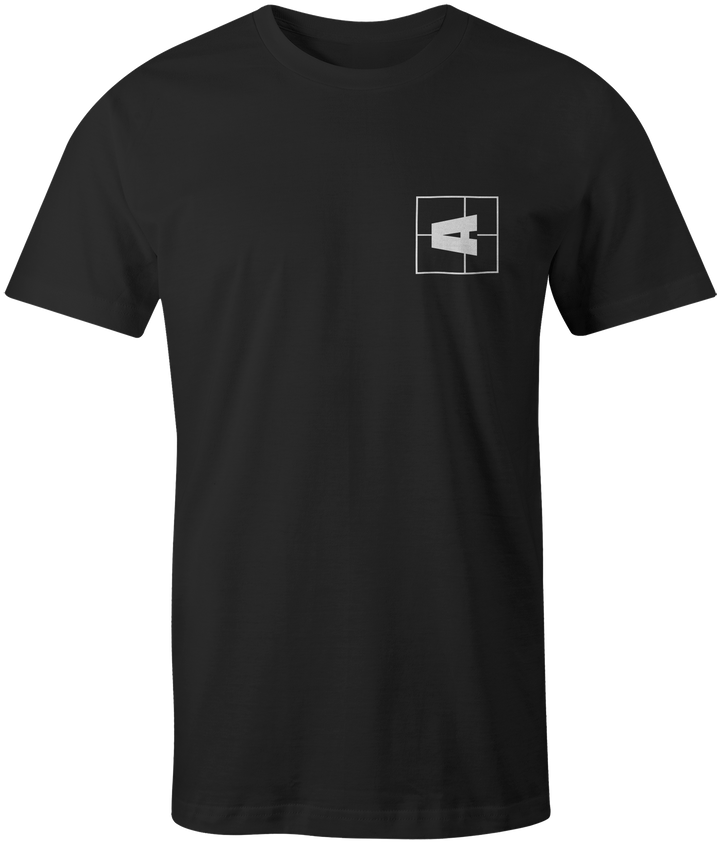 Black T-shirt with a white "A" logo inside a square on the front left chest area.