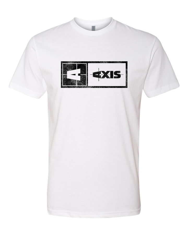 White Axis Statement Tee with black graphic logo design, featuring bold text and geometric elements on the front.