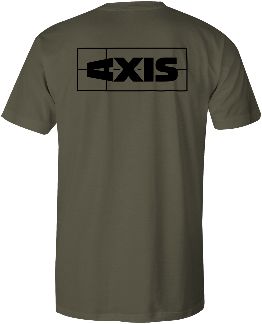 Olive green Axis Logo T-shirt with a black rectangular logo featuring the word "AXIS" on the back.
