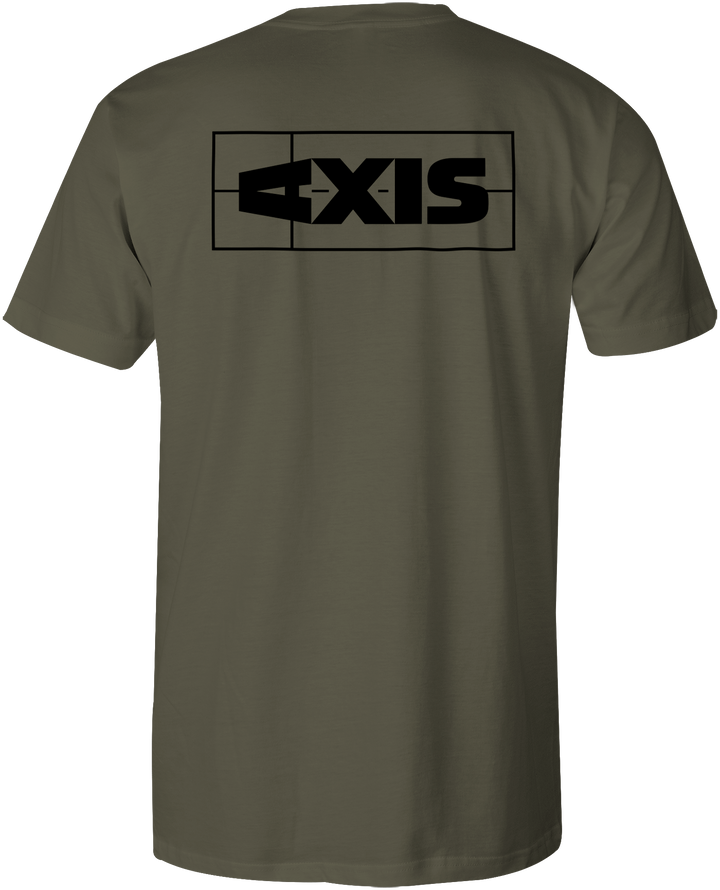 Olive green Axis Logo T-shirt with a black rectangular logo featuring the word "AXIS" on the back.