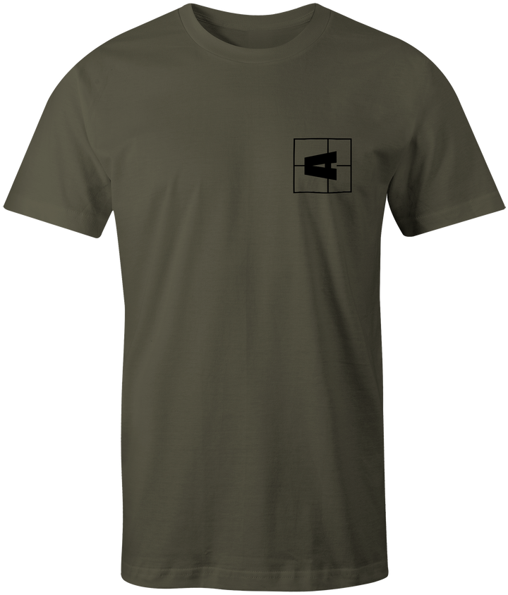 Olive green Axis Logo T-shirt with a black square and bold "A" logo on the front left chest area.