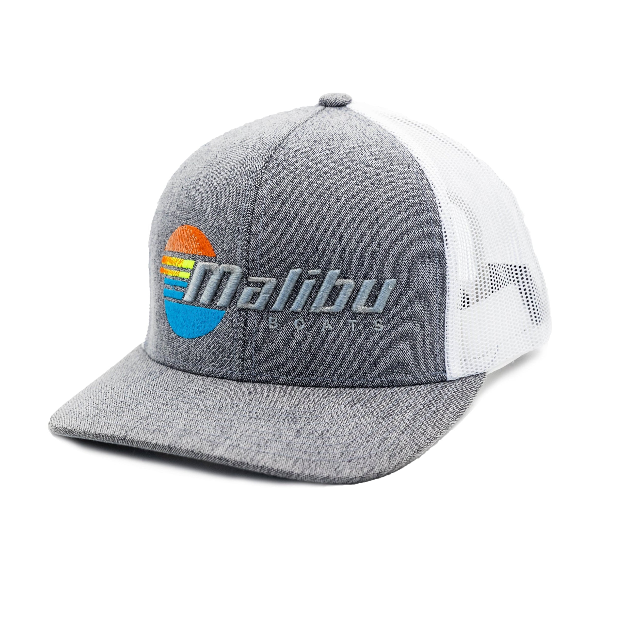 Gray and white trucker hat with "Malibu" logo embroidered, featuring a colorful sunset and wave design, adjustable mesh back.