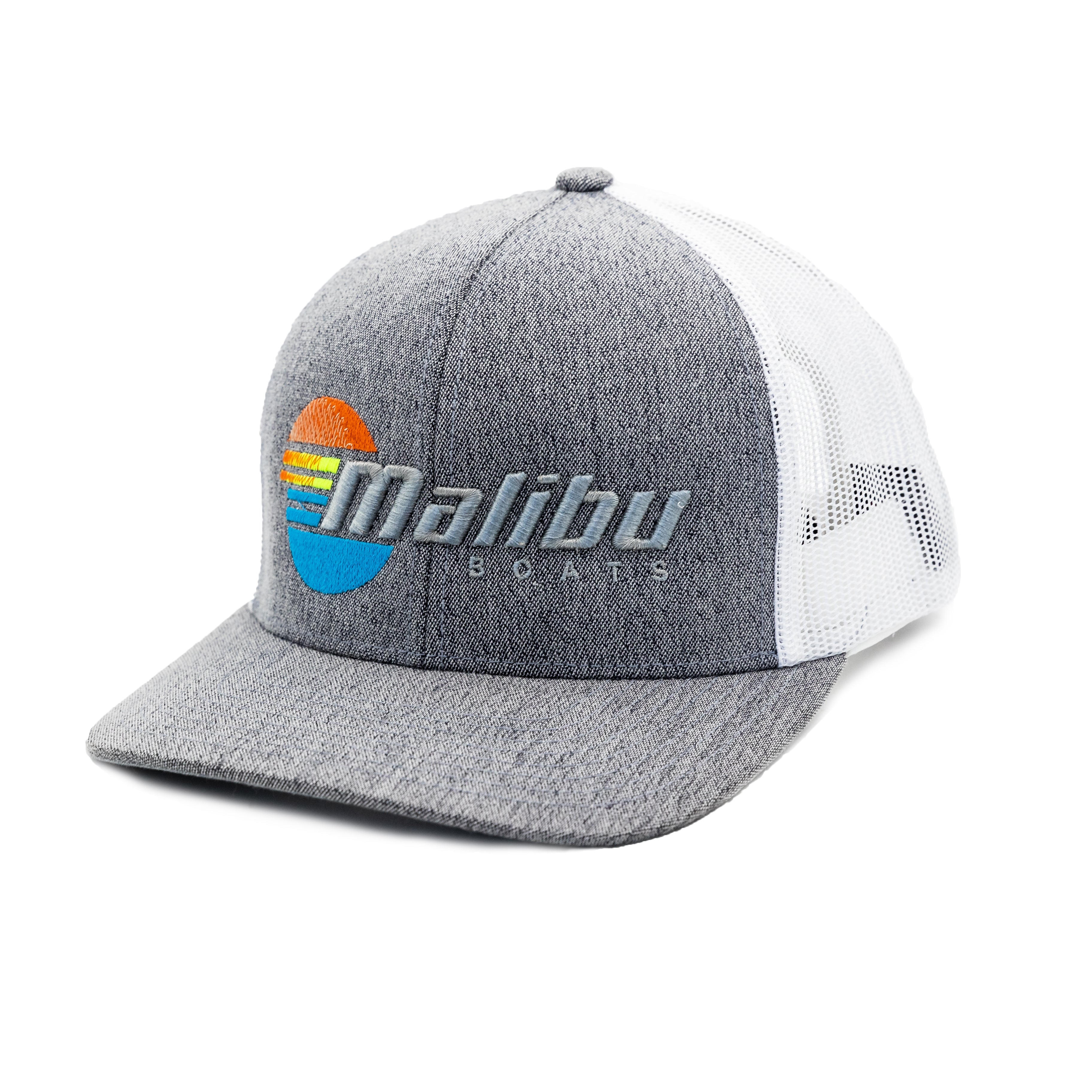 Gray and white trucker hat with "Malibu" logo embroidered, featuring a colorful sunset and wave design, adjustable mesh back.