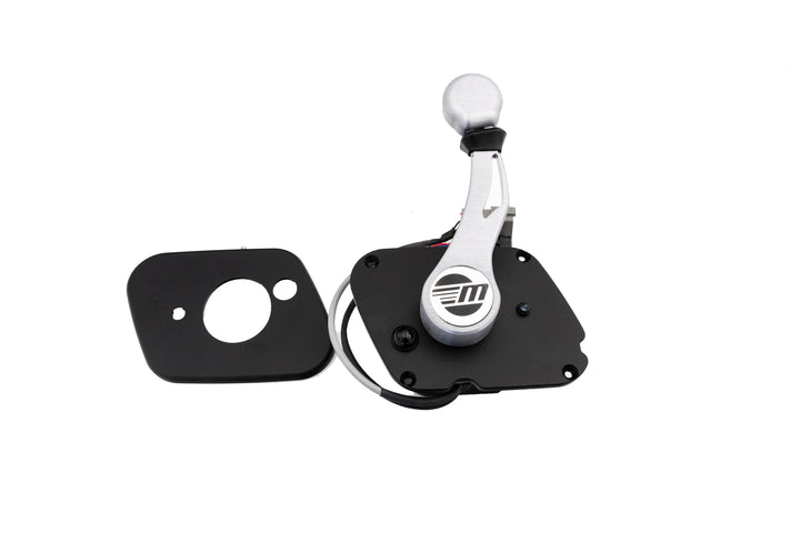 Malibu Control Mefi-6 13-14 throttle assembly with metal lever, black base, and mounting plate on a white background.