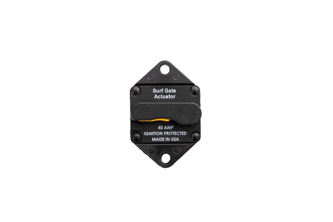 Surface mount 40A breaker for surf gates, ignition protected, made in USA, with black housing and toggle switch.