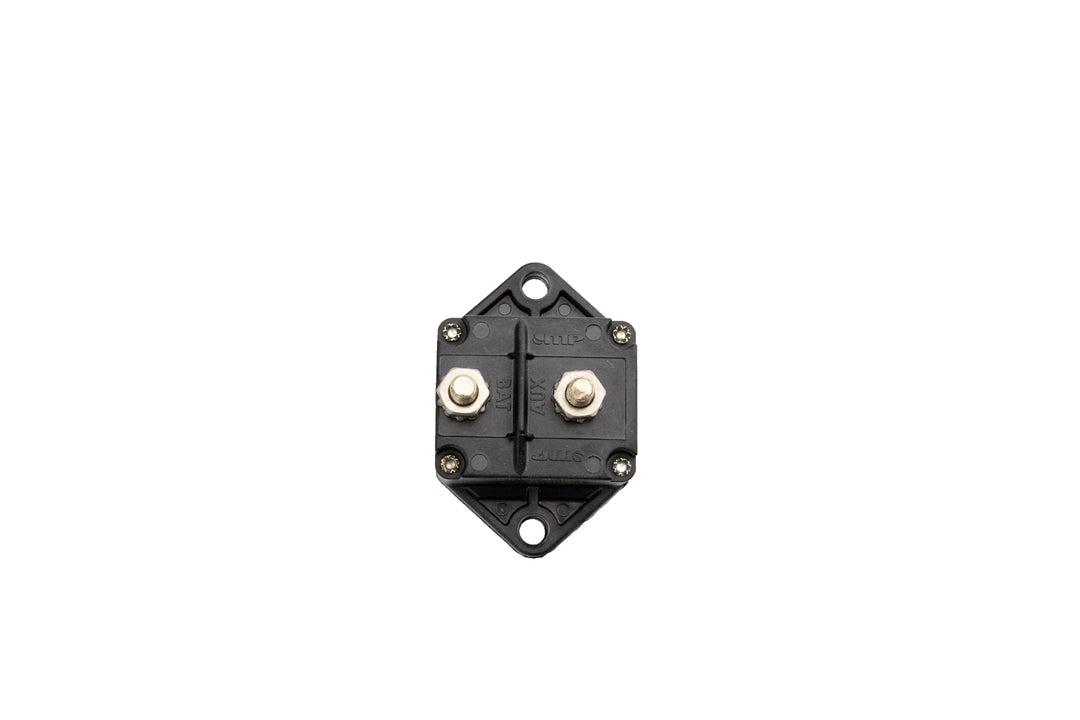 Surface mount 40A breaker for surf gates, designed for marine applications, with dual terminals and compact black housing.