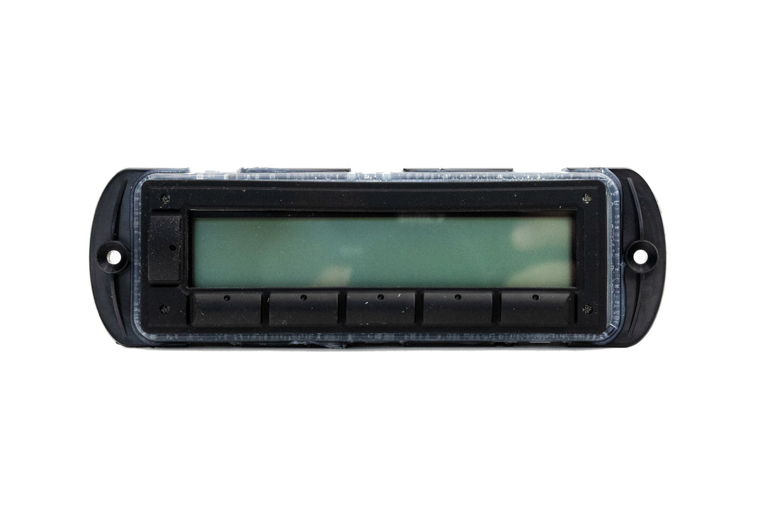 Left Mux Switch Module with a rectangular display screen and five black control buttons, used for switching and control.