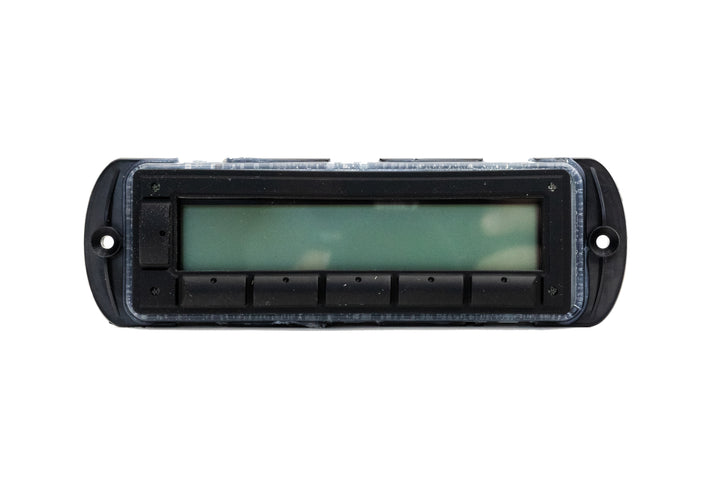 Left Mux Switch Module with a rectangular display screen and five black control buttons, used for switching and control.