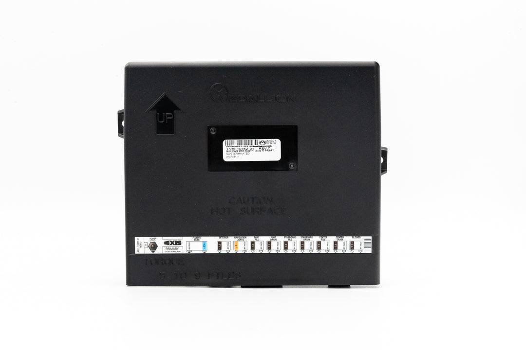 Power module primary for Axis 17-21, black rectangular device with labels, arrow indicating upward direction, and caution warning.