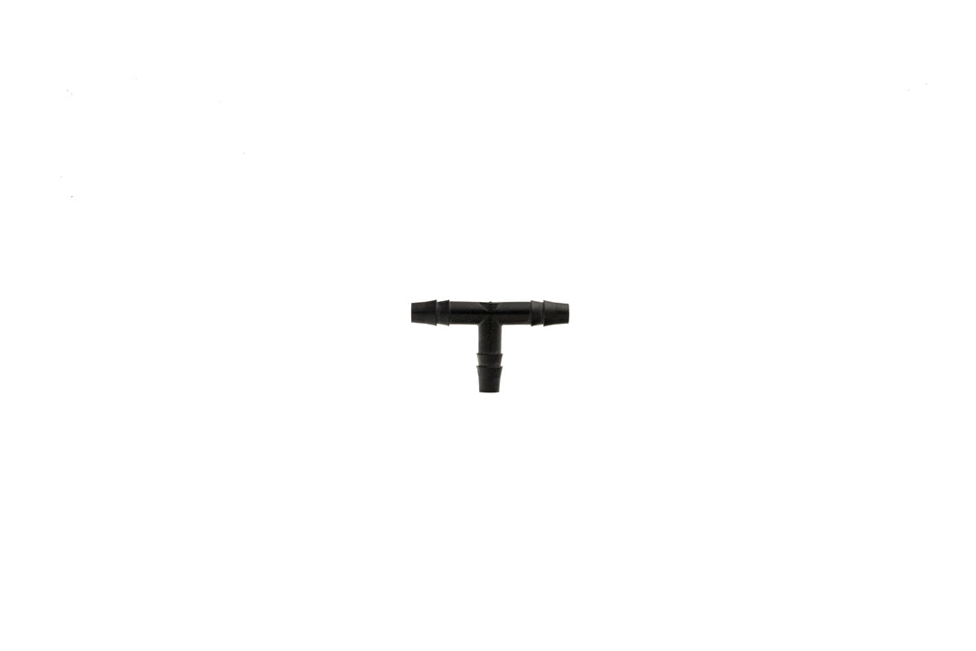 Black plastic T-shaped fitting for 5/16-inch tubing or pipe, used in plumbing or irrigation systems.