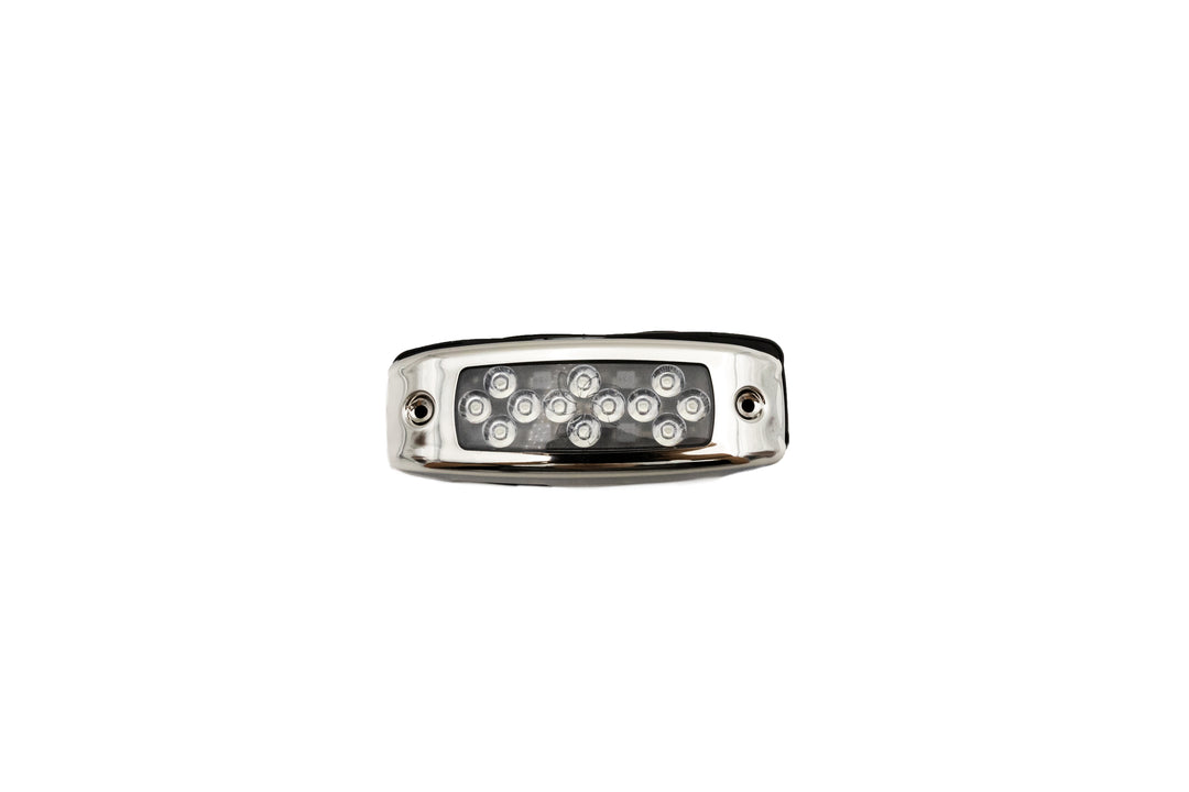 Underwater light-blue LED light with multiple small LEDs, encased in a sleek, metallic housing, designed for underwater use.