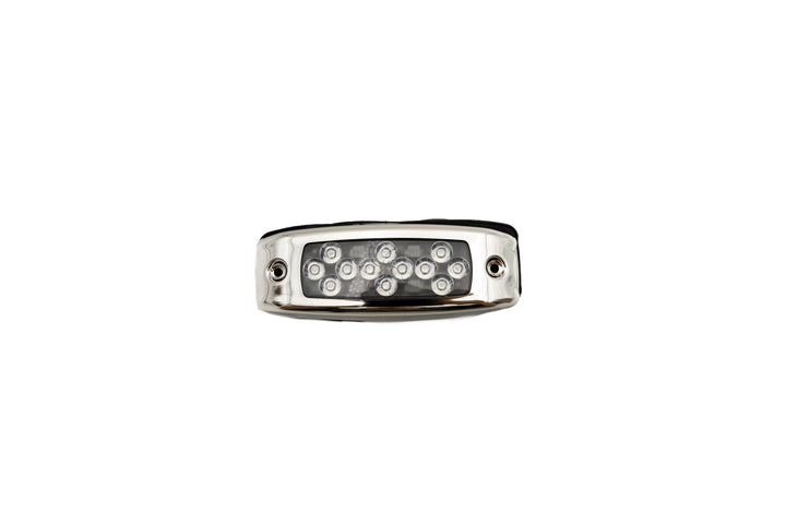 Underwater light-blue LED light with multiple small LEDs, encased in a sleek, metallic housing, designed for underwater use.