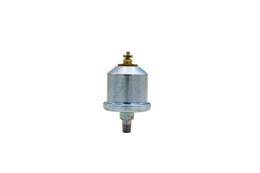 Metal oil pressure sender with threaded bottom and small gold-colored connector on top, isolated on white background.