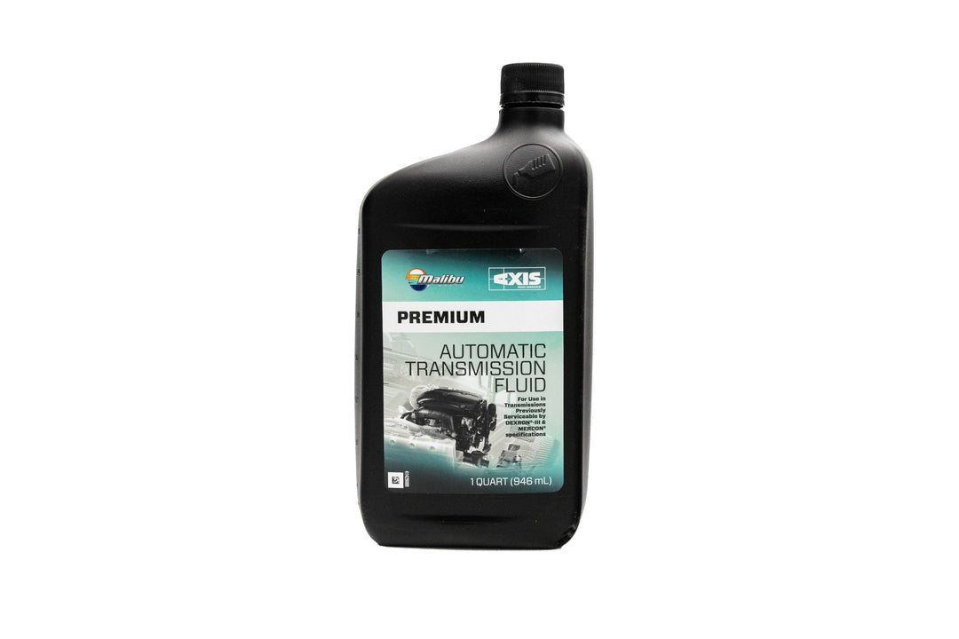 Malibu M-Series &amp; LT4 automatic transmission fluid in a black quart-sized bottle with a label displaying product details and branding.