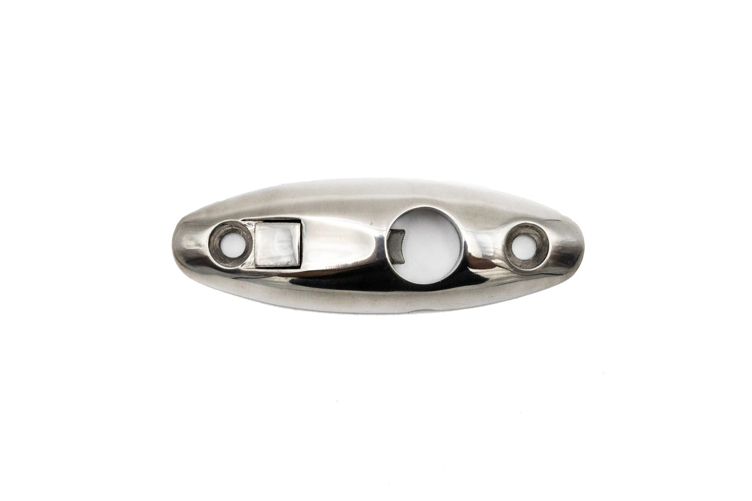 Old design support pole mounting base in polished metal with two screw holes and a central circular opening.