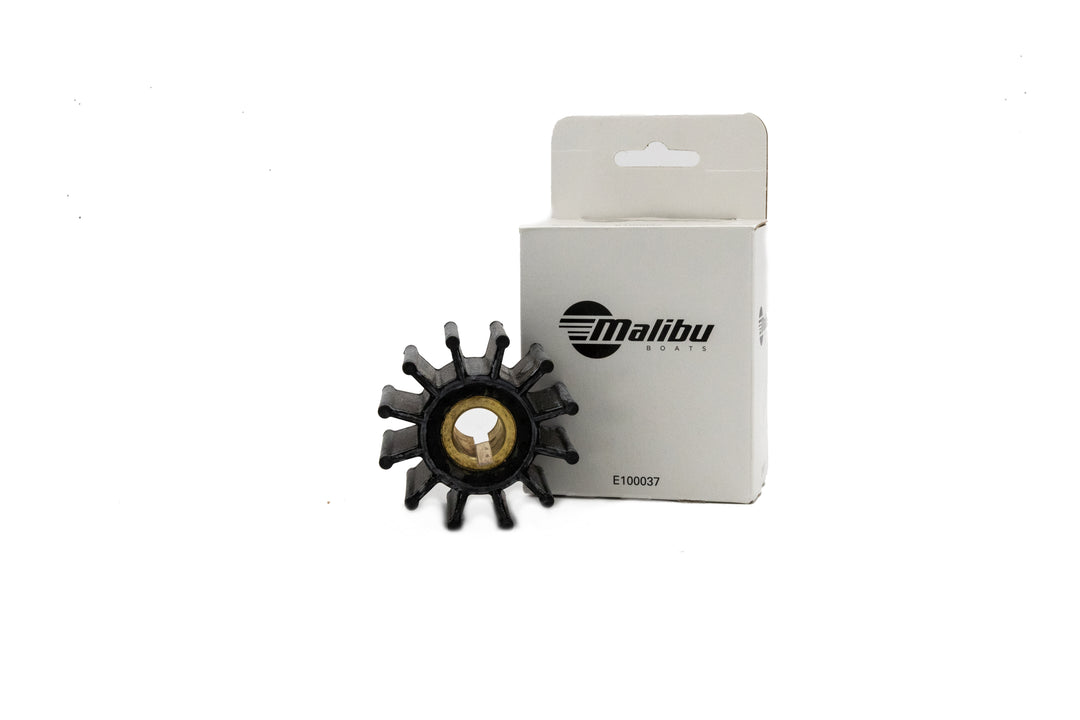 Impeller for Malibu M Series Sherwood Pump, black plastic with metal insert, shown with Malibu Boats packaging.