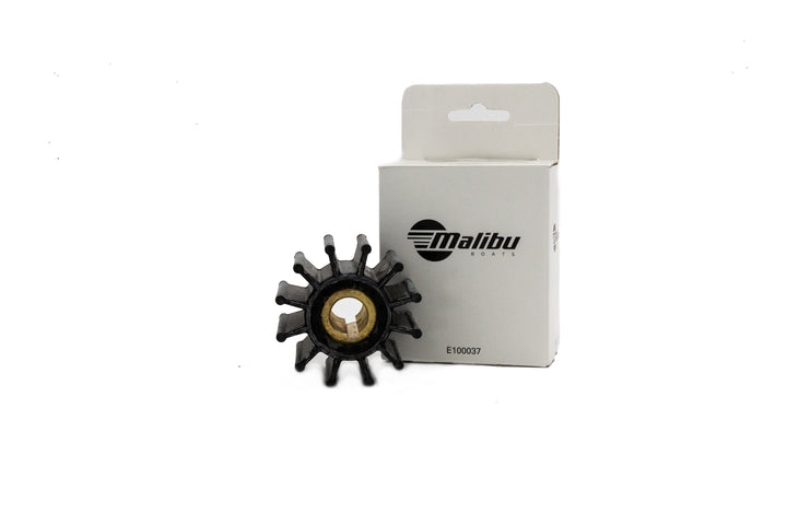 Impeller for Malibu M Series Sherwood Pump, black plastic with metal insert, shown with Malibu Boats packaging.