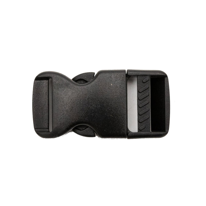 Alt text: Close-up image of a 1-inch black plastic cover tie-down buckle, showing the clasp and adjustment details on a white background.