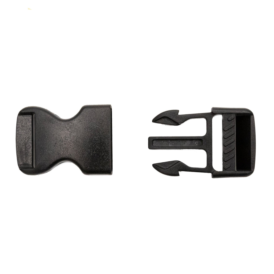 Black 1-inch cover tie-down buckle, showing both the male and female parts separated on a white background.