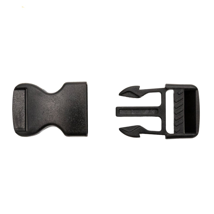 Black 1-inch cover tie-down buckle, showing both the male and female parts separated on a white background.