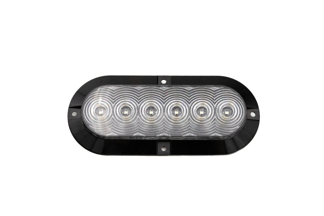 Oval-shaped LED light with a clear lens, white LEDs, reverse light, and black housing.