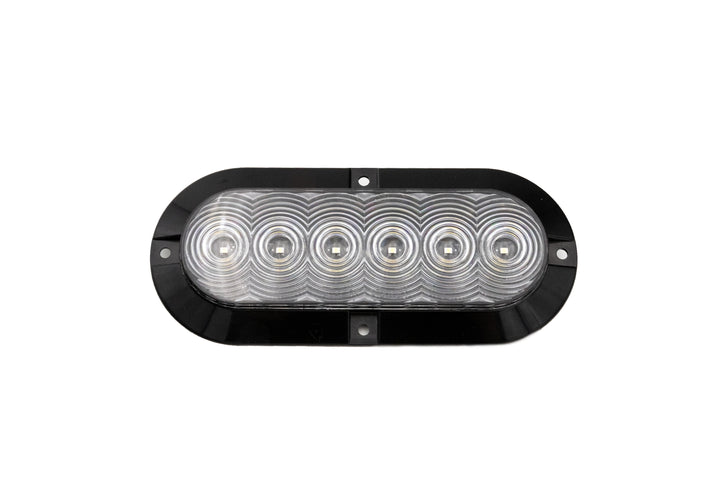 Oval-shaped LED light with a clear lens, white LEDs, reverse light, and black housing.