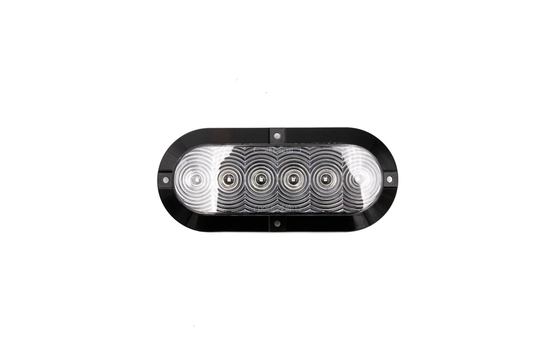 Oval red LED brake light with a transparent lens and black housing, designed for vehicle safety and signaling.