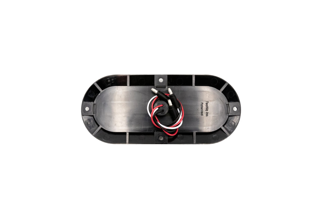Oval-shaped brake light with a red lens, LED illumination, and wiring for vehicle safety signaling.