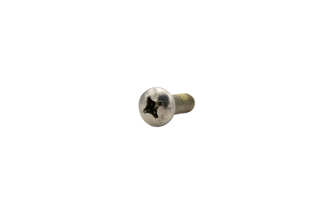 A silver pan head screw with a nylock patch, 1/4"-28 x 3/4" size, isolated on a white background.