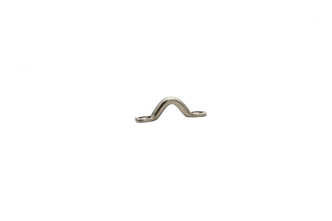 Chrome strap eye metal fastener on a white background, used for securing straps or belts.