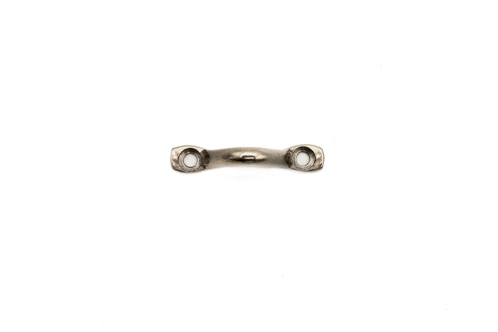 Chrome strap eye connector with two circular holes, used for securing straps or cables.