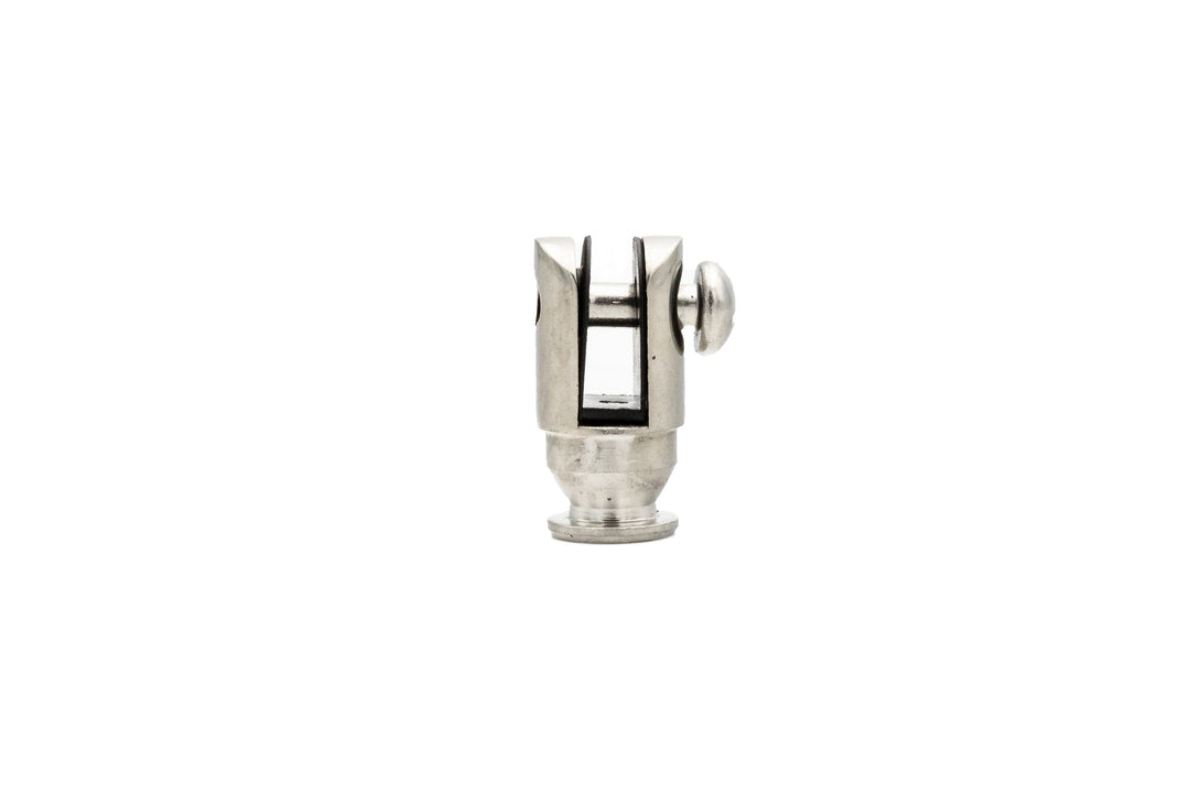 Old design Bimini support pole post, metal boat hardware component with adjustable screw, isolated on white background.