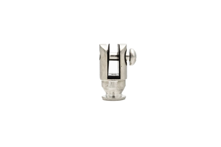 Old design Bimini support pole post, metal boat hardware component with adjustable screw, isolated on white background.