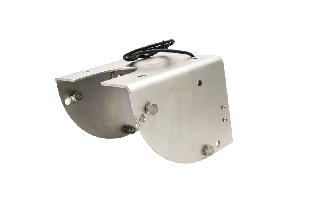 Wedge transom bracket with CPI sensor, shot peened stainless steel, axis, Rev2, 17, designed for marine or industrial applications.