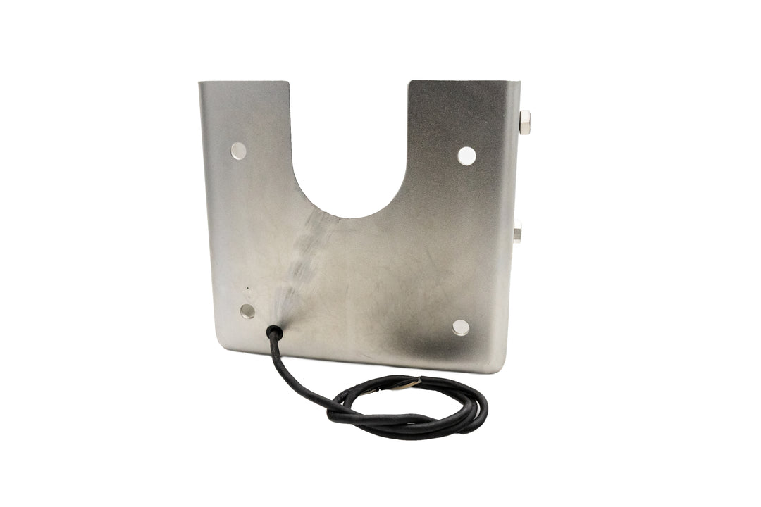 Wedge transom bracket in shot-peened stainless steel with CPI sensor, axis, Rev2, 17, featuring mounting holes and wiring.